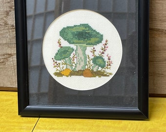 Vintage Framed Mushroom Needlepoint: Handmade Petit Point Art