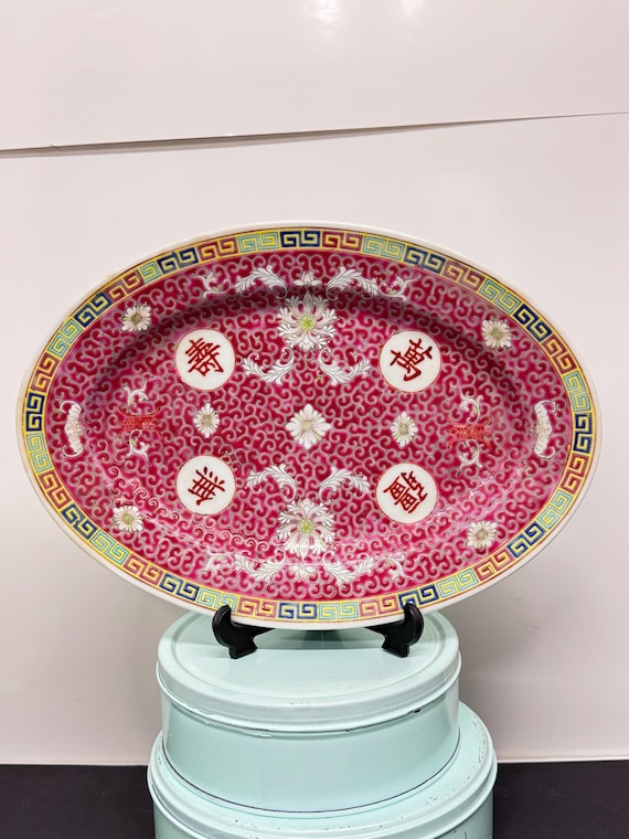 Vintage Famille Rose Porcelain Platter: Mun Shou Longevity Design
