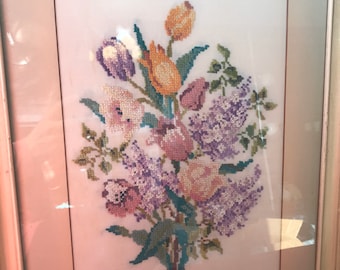 Needlework Vintage Crewel Needlework Embroidery Framed Wall Art Picture Flowers Purple Lilacs Lily Glass Handmade Country Cottage Decor