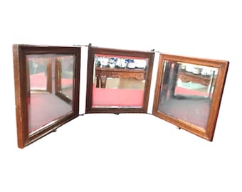 Antique, Victorian Hanging-Tabletop Tri-Fold Mirror embossed back w/ beveled Glass Folding Shaving Travel 1800s Quartersawn Oak