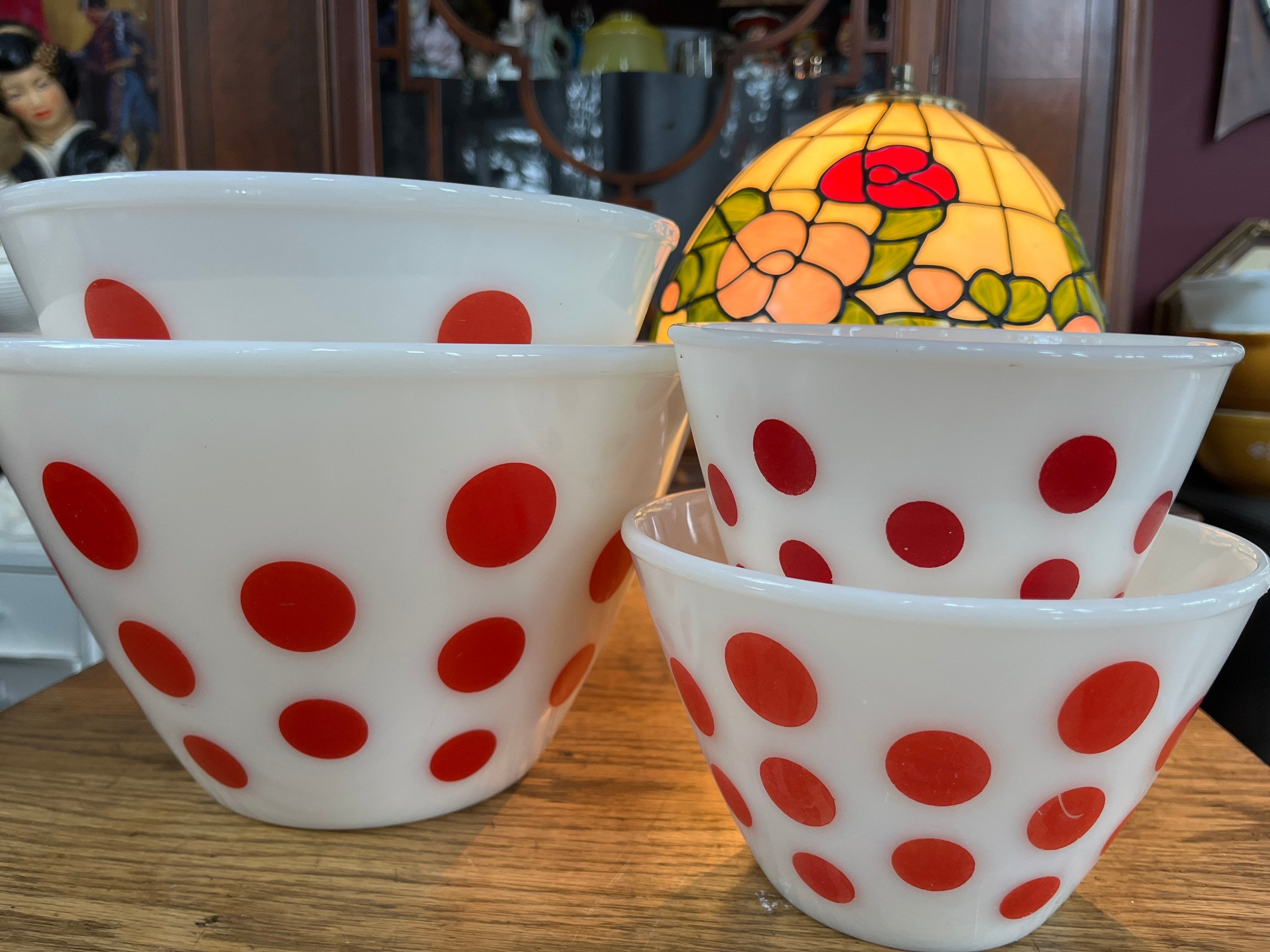 Red Dot Fire King Glass Nesting Bowls Set of 4, Polka Dot