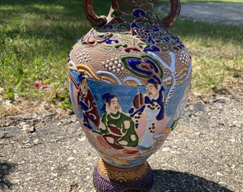 Vase, Urn, Double Handle,  Hand painted Japanese, Porcelain, Moriage, Jar, Vintage, Satsuma