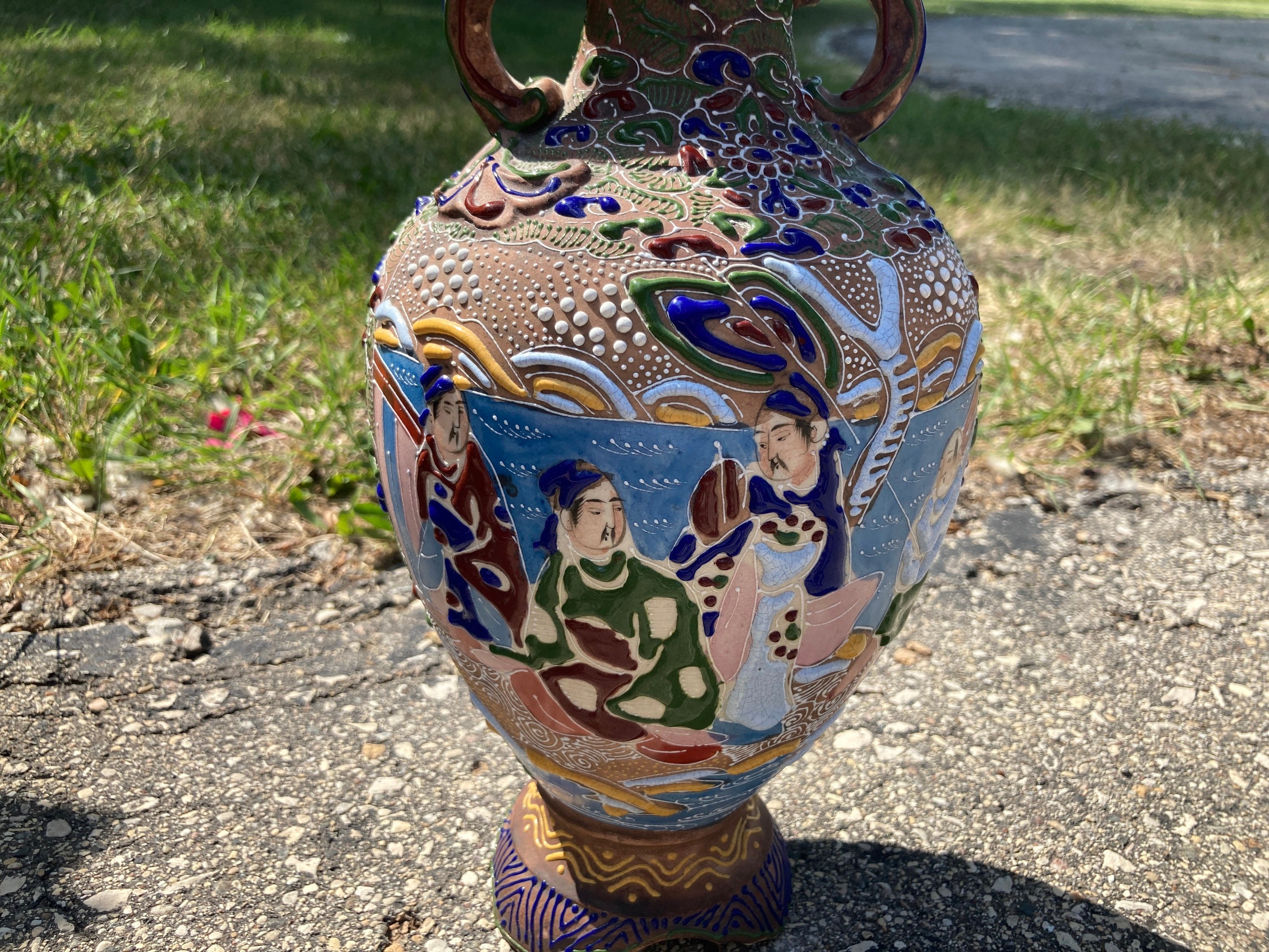 Vase, Urn, Double Handle, Hand Painted Japanese, Porcelain