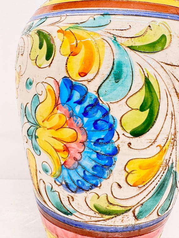 Vintage Italian Majolica Floor Vase: Hand-painted Floral