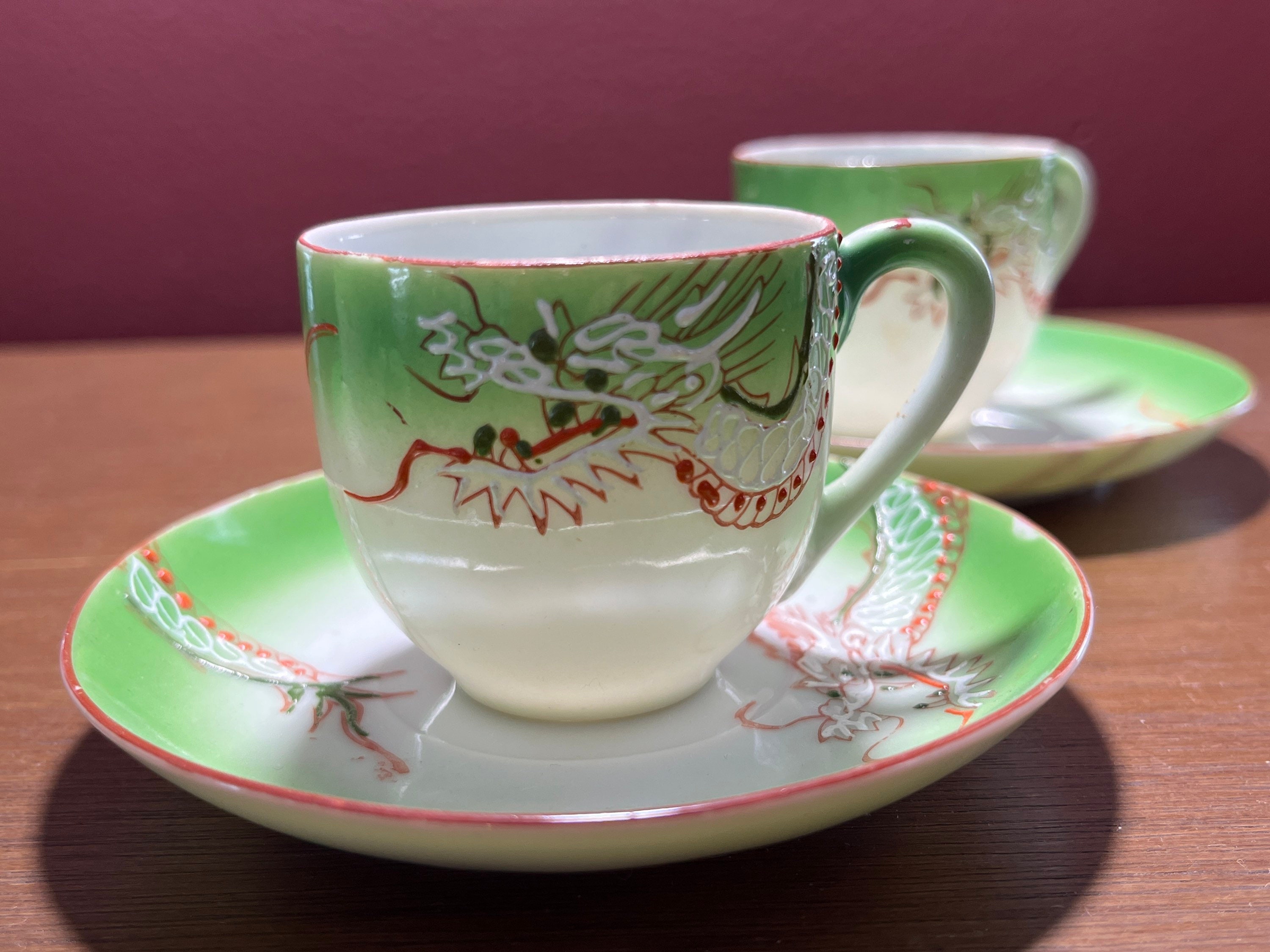 Vintage Dragonware Tea Cup Set: Hand-painted Moriage, Occupied