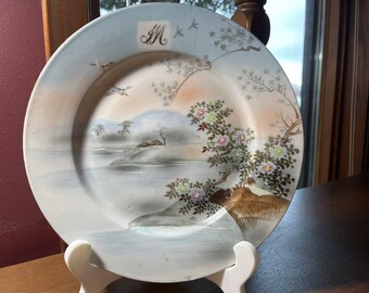 Antique Decorative Japanese Scenery Plate Dish Porcelain Birds Floral Blossoms Monogrammed