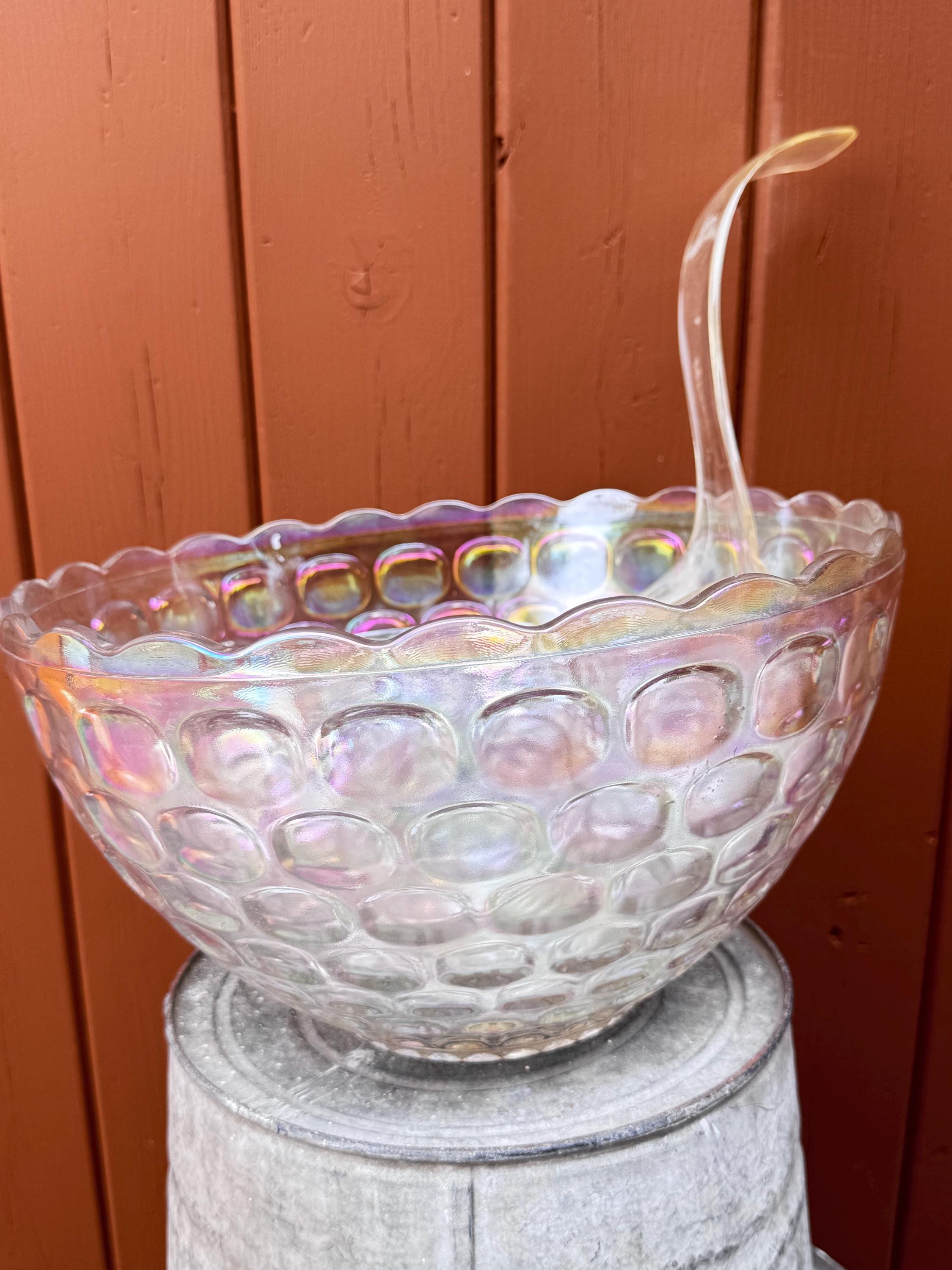 Vintage Federal Glass Iridescent Punch Bowl Set: 12 Cups, Ladle
