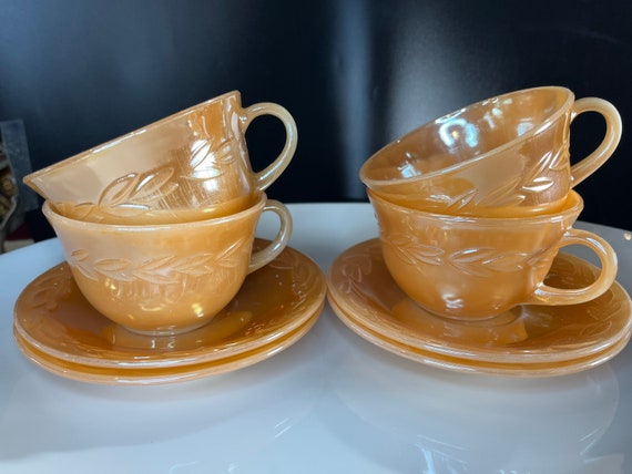 Tea Cup Saucer Teacup Peach Lustre Fire King Fireking Oven Ware Vintage Laurel Saucer Etsy Canada
