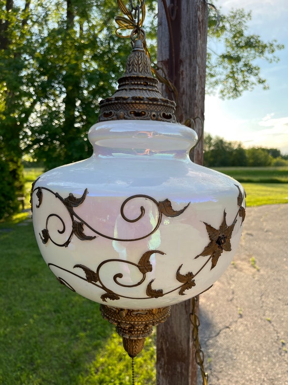 Vintage Karl Falkenstein Swag Lamp: Iridescent Glass Floral