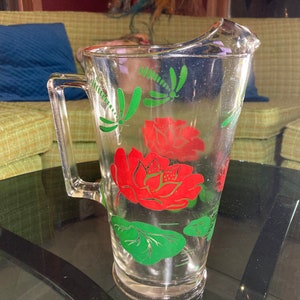 Pitcher,  Glass, 48 oz, Jug, Vintage,  Pressed Glass, Fired on Pattern, Flower, Dragonfly, Lemonade, Iced Tea, Barware
