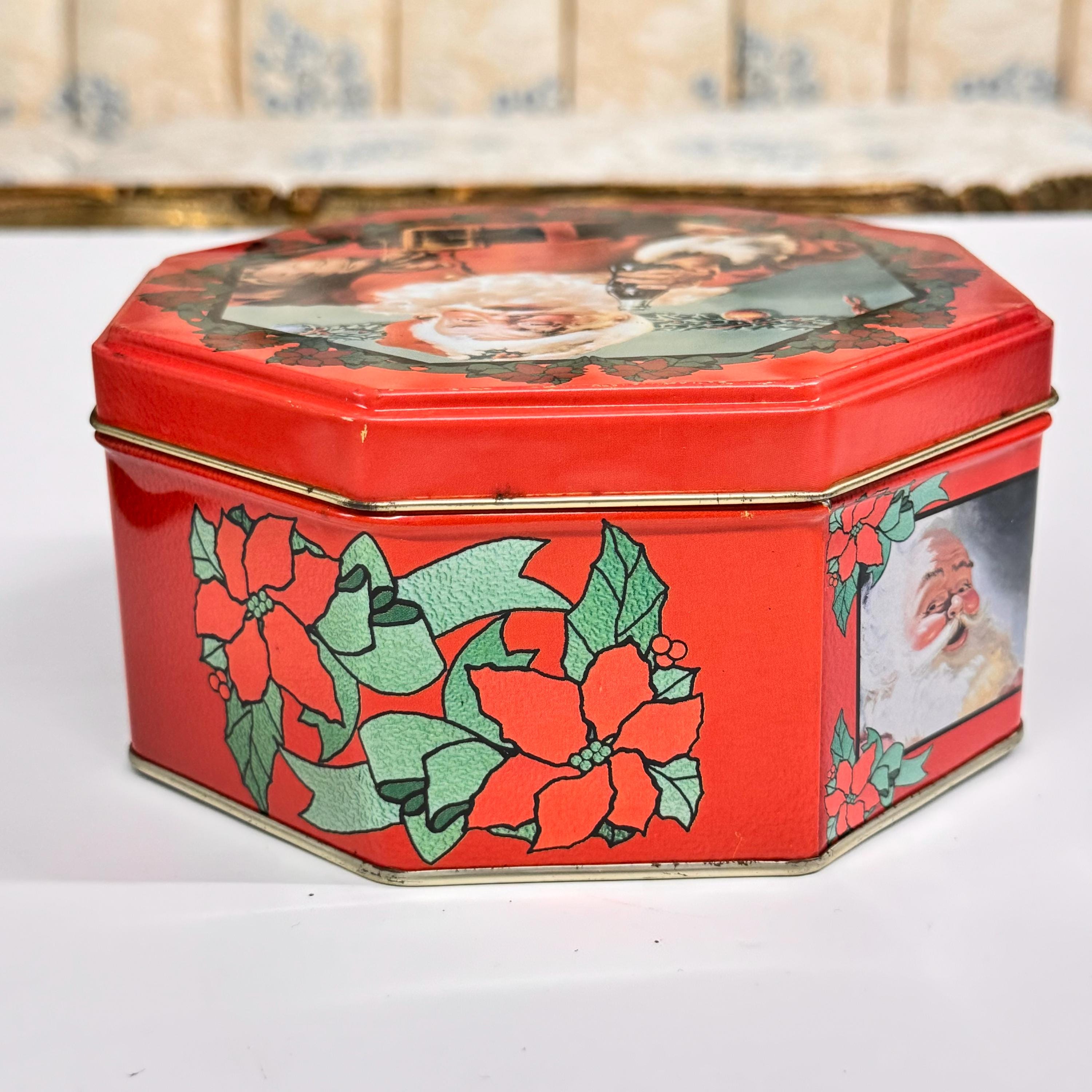 1986 Vintage Coca Cola Santa Tin: Christmas Poinsettia Octagon