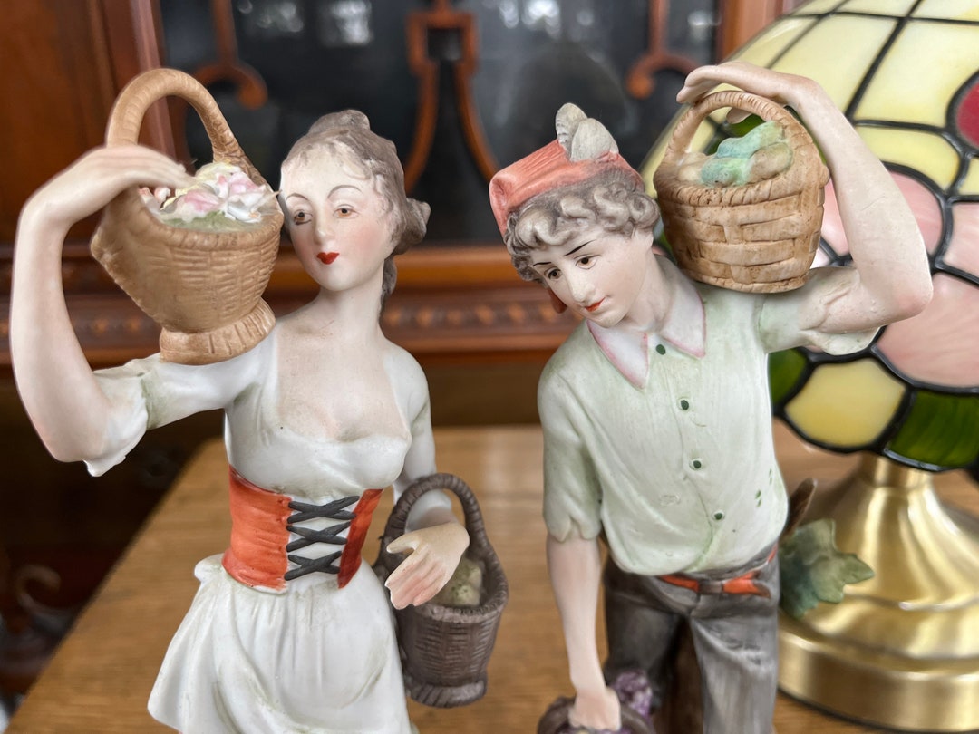 Couple Figurines Man/woman Carrying Baskets Flowers Bisque