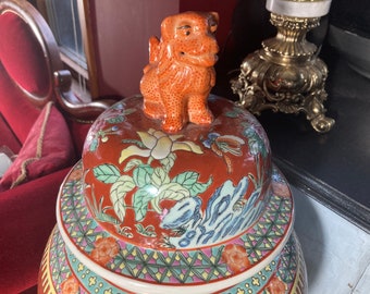 Large Chinese Hand Painted Porcelain Palace Jar, circa 1960 with Phoenix Motif Foo Dog Famille Rose Ginger Jar