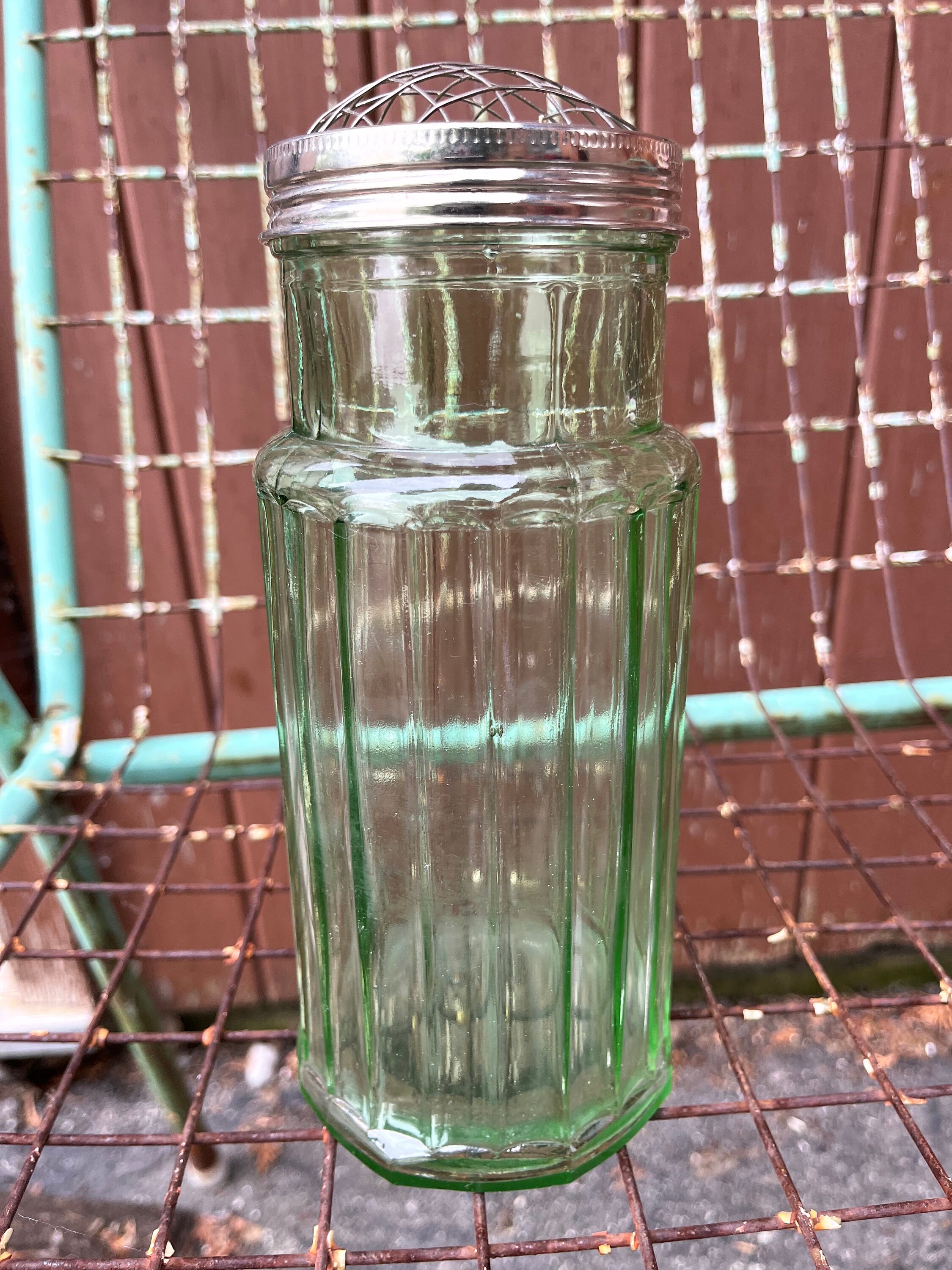 Large Green Depression Glass Ribbed Cookie Jar Canister - Ruby Lane