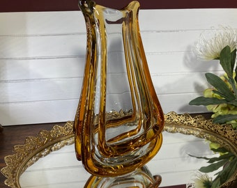 Vase, Art Glass, Glass Art, Amber, Golden, Hand Blown, Centrepiece, Vintage, Retro, MCM, Collectible, Heavy Glass, Mid Century, Two tone