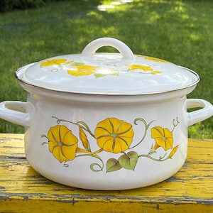 Enamel, Stock Pot, Pot, Lid,  Country Kitchen,  Flower Orchid, Camping, Cottage, Farmhouse, Double Handle, MCM Vintage