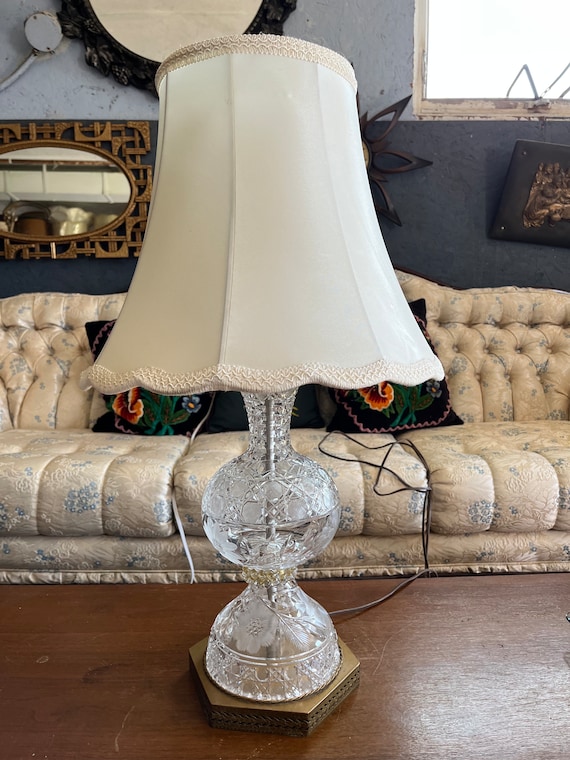Antique Cut Crystal Table Lamp: Etched Pansy Flower, Pierced Brass