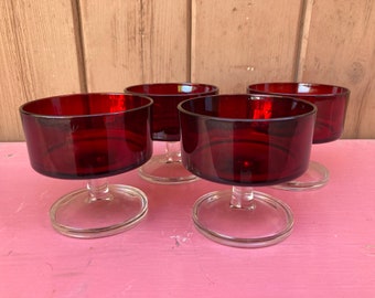 Dessert Cups Set of 4-  Ruby Red Glass Luminarc Cavalier Dessert, Champagne Stem Glassware Vintage