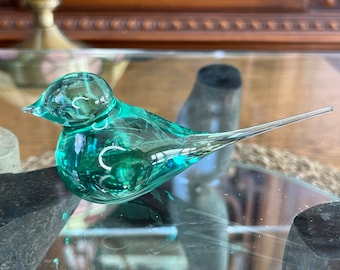 Glass Bird Hand Blown Glass Bird Paperweight Sculpture Art Glass  Figurine Vintage Teal Green