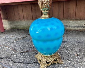 Lamp, Murano or Fenton, Turquoise, Blown, Glass, Table Lamp,  MCM, Ornate, Hollywood Regency, Vintage, Tri Light Coin/Polka Dot