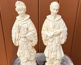 ✳アンティーク 「中国ペア人形」✴頭と手足は陶器製・清朝時代の髪型と装い✴ ヴィンテージ中国陶器フィギュア：清朝様式、オランダ型セット、男性と