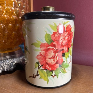 Tea TIN, Round,  Lid, Floral, Tin, Collectible, Tea, Vintage, Flower,  Rose Tea Canister Container