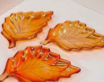 Vintage Jeannette Glass Iridescent Marigold Leaf Dishes - Set of 3