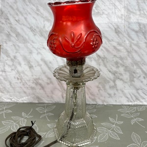 Antique Hurricane Lamp: Ruby Red Glass Shade, Pressed Glass Base