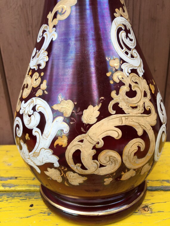 人気商品の 花瓶ビクトリア朝モーザーボヘミアンエナメルルビークランベリー 工芸品