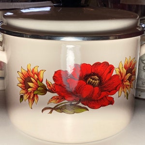 Enamel, Stock Pot, Pot, Lid,  Country Kitchen,  Retro Decor, Camping, Cottage, Farmhouse Double Handle Poland Flower, MCM Vintage Porcelain