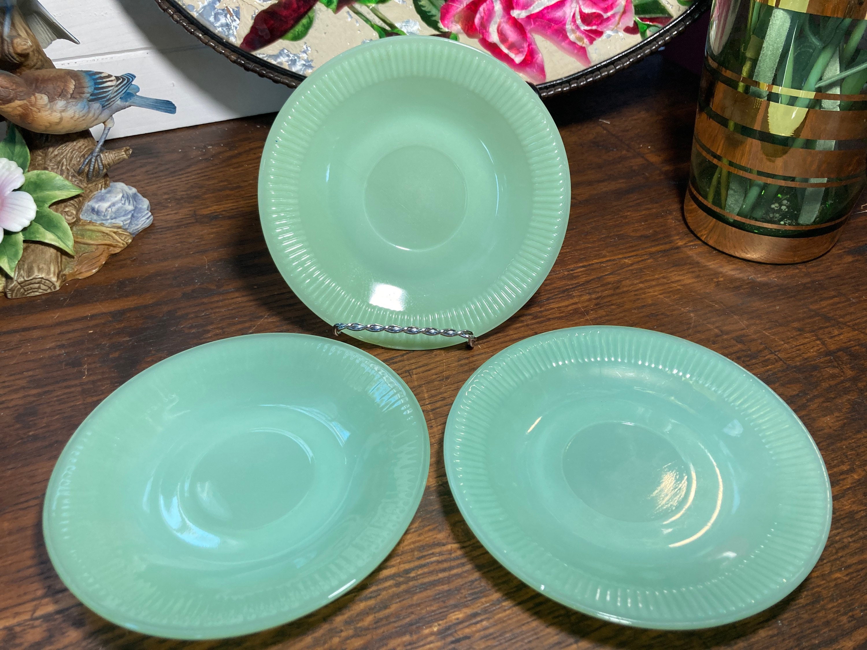 Saucer,  Fire King,  Jadeite,   “Jane Ray” , Fireking, Oven Glass, Ware, 1940s , Vintage Plate