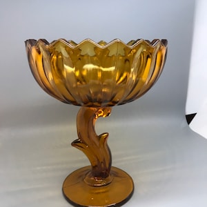 Compote Dark Honey Amber Lotus Blossom Pattern Indiana Glass Vintage Art Deco Candy Dish Catch All Retro