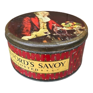 Antik plåtask, Crawford's Savoy blandade kex, 1930-talet, Storbritannien Falstaff öl vin matförvaringsburk