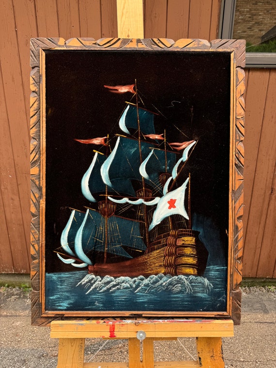 油彩画 Twin Moorings Duvall Black Velvet Art, Wood Framed, Ship, Galleon, War Ship, MCM