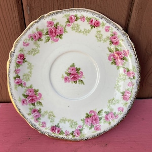 Alfred Meakin Suppenteller Unterteller Rose Bower Muster Antikes Gold Vergoldet England Vintage Harmony Form Blume