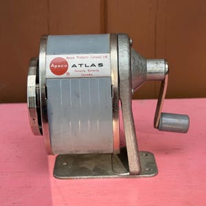 Metal,  Desk Top,  Pencil, Sharpener, Vintage, Office, Supplies, Bakelite, School, MCM, Decor, Movie Prop, Wood Knob, Cast