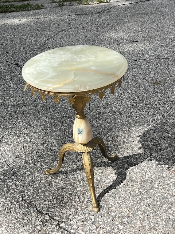 Vintage Onyx Slag Glass Side Table: Gilded Filigree Metal Base