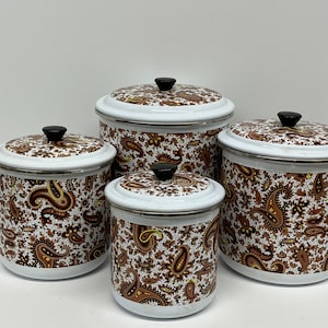Busset, keukenopslag, bloem, suiker, koffie, thee, containers, retro, modern uit het midden van de eeuw, geëmailleerd paisley MCM, vintage opslag