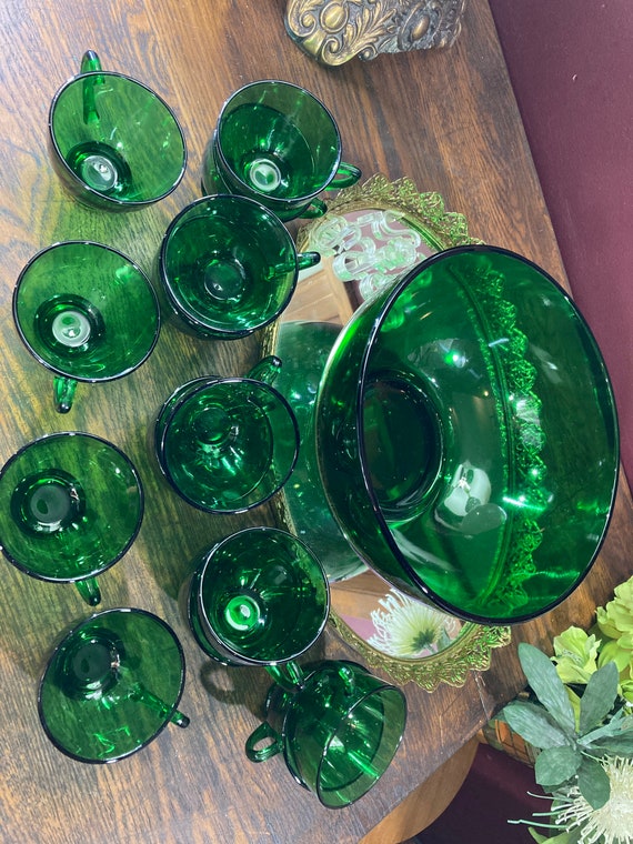 Vintage Anchor Hocking Forest Green Punch Bowl Set: Mid-century