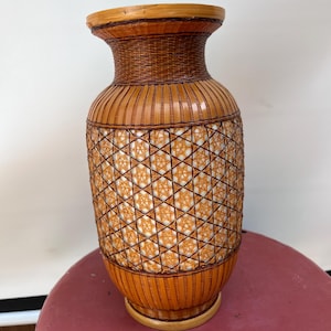 Chinese Bamboo Covered Vase  Porcelain  Vase  Wicker Woven Asian Porcelain Vintage Star of David