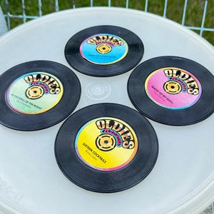 Coasters, Set of 4, 1988 Coaster Classics LP Record, Novelty, Drink Coaster, MCM, Bar ware, Made in Taiwan by Fun Design Inc Drinkware