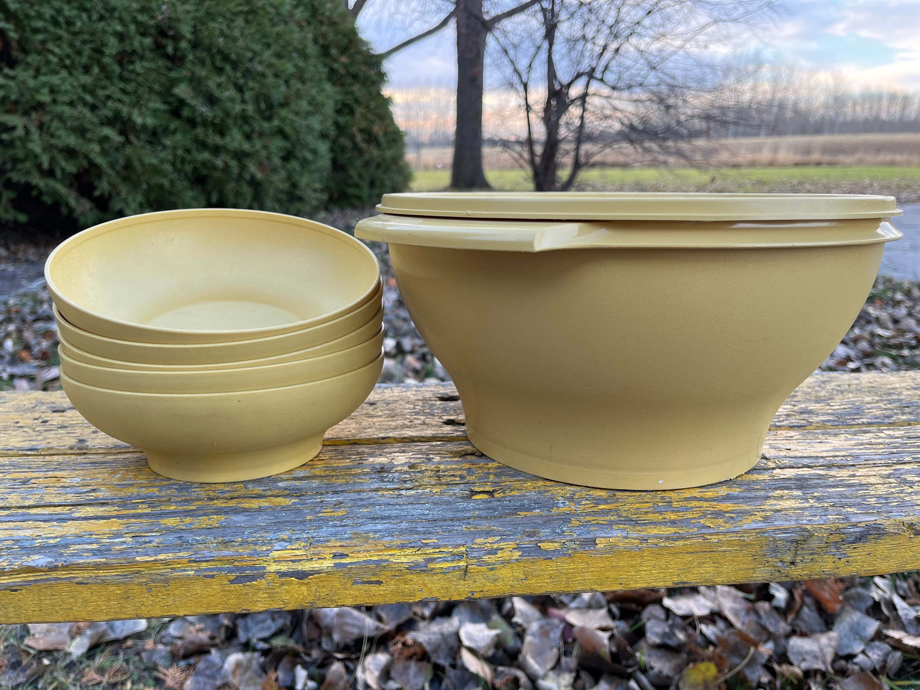 Tupperware Extra Große Schüssel Salatschüssel mit Deckel #880-4 und 5er Set Passende Schüsseln Vintage Ernte Gold Starburst Deckel