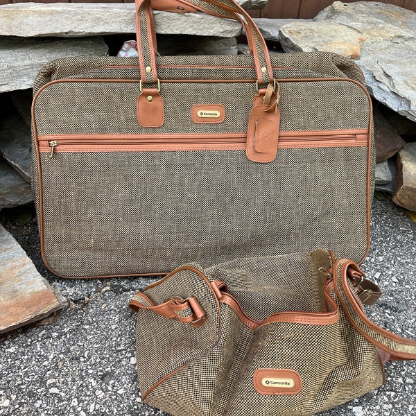 2 pc SAMSONITE Special Collection Brown Travel Bags Vintage “Tweed” Made in Korea Neutral, Unisex, Overnight Getaway, Business or Pleasure