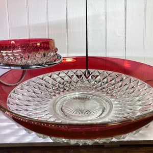 Indiana Glass Ruby Flash Band Crystal Diamond Point Chip Dip Bowl Set Chrome Holder Vintage