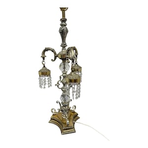 Loevsky Waterfall Crystal Brass Hollywood Regency Lamp MCM swag Vintage Filigree Accent Table Lamp Lucite Balls