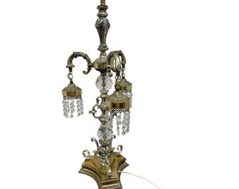 Loevsky Crystal Waterfall Lamp: Brass Hollywood Regency MCM Accent Lamp