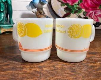 2, Fire King, Rexall Hot Lemon Citron Chaud stacking, mugs, Vintage, oven proof, Milk Glass, Mug, Retro, Anchor Hocking