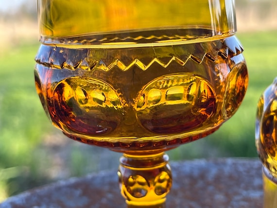 Amber, Colony, Wine Glass, Goblet, Thumb Print, Vintage, Mid-century, Water  Glass, Kings Crown, Pressed Glass 