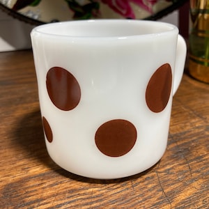 Vintage Federal Glass Mug: Brown Polka Dot Atomic Milk Glass