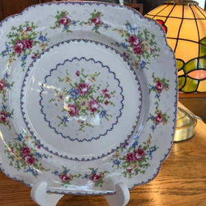 Plate Square Salad Lunch Plate Royal Albert Petit Point Dish Vintage Gold trim Needlework Floral Pink Rose Flower Bone China 6 3/4”